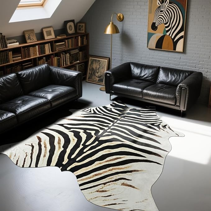 BENRON Zebra Rug, Animal Print Rug for Living Room Bedroom 6.2x7ft | Western Faux Zebra Print Rug, Animal Skin Carpets, Non-Slip Throw Rug for Home Decor, Black and Brown, Ivory