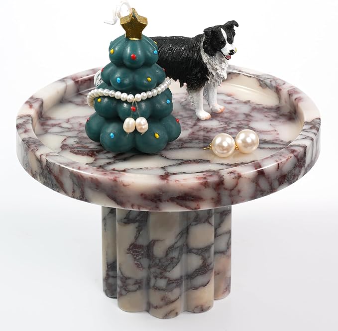 Marble Perfume Tray with Legs - Round Decorative Stone Pedestal for Bathroom Vanity Coffee Table Kitchen Countertop, Footed Jewelry Candle Organizers Catchall Plate Riser with A Scalloped Leg