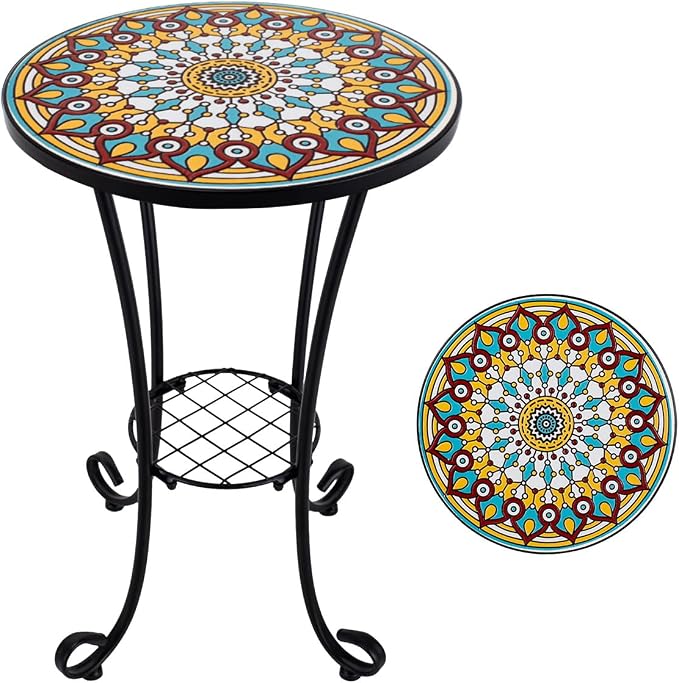 Mosaic Outdoor Side Table Small Round Patio Table Plant Stand | 21" Accent End Table with 14" Ceramic Tile Top for Small Spaces Porch Pool Garden Decor Indoor Living Room Bedroom Balcony