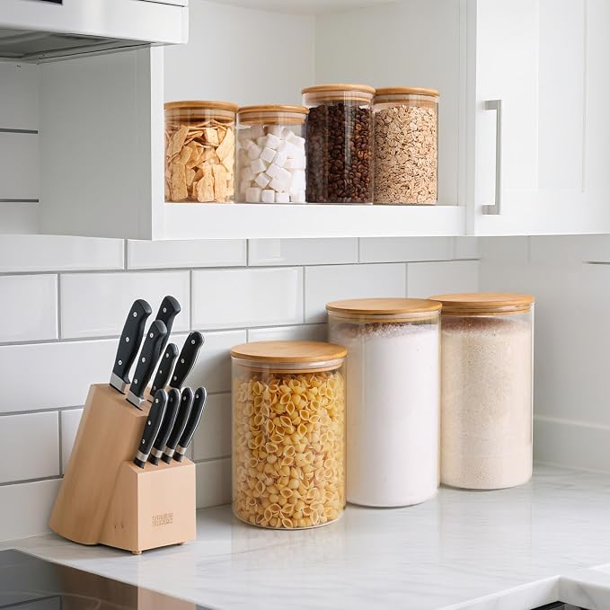 ComSaf Flour Sugar Storage Containers 4 Qt, 2 Pack Glass Flour Container | 26.6cm/10.5in Tall, 128oz/1 Gallon Large Glass Storage Containers, 15cm/5.9in Extra Wide Mouth, 4.6lb Flour Jar, BPA Free