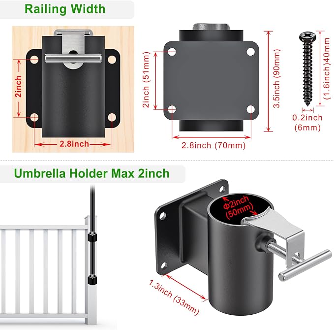 Heavy Duty Deck Railing Umbrella Holder, Patio Umbrella Stand for 1-2 Inch Poles, Space-Saving Design, Secure & Sturdy Flat Mount for Deck Railing, Balcony, Outdoor Courtyard, Fences, 2 Set