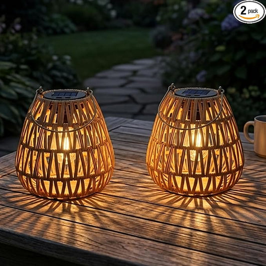 2 Pack Solar Lights Outdoor Waterproof, Rattan Solar Lantern, Hanging Outdoor Solar Lights for Yard, Outdoor Solar Lanterns Decorative, Garden Lights Solar Powered for Tree, Patio, Table Lantern Decor