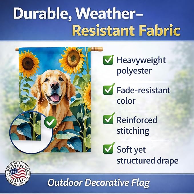 Caroline's Treasures DAC6088CHF Golden Retriever in Sunflowers House Flag Large Porch Sleeve Pole Decorative Outside Yard Banner Artwork Wall Hanging, Polyester, House Size, Multicolor