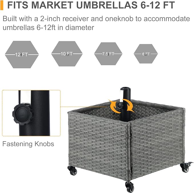 SUNNYPARK Umbrella Base with Wheels and Fillable Planter 2 in 1 | 120lbs Capacity, Heavy Duty, Hand Woven Rattan Style, Portable Decorative Umbrella Stand for Garden Backyard Deck Poolside