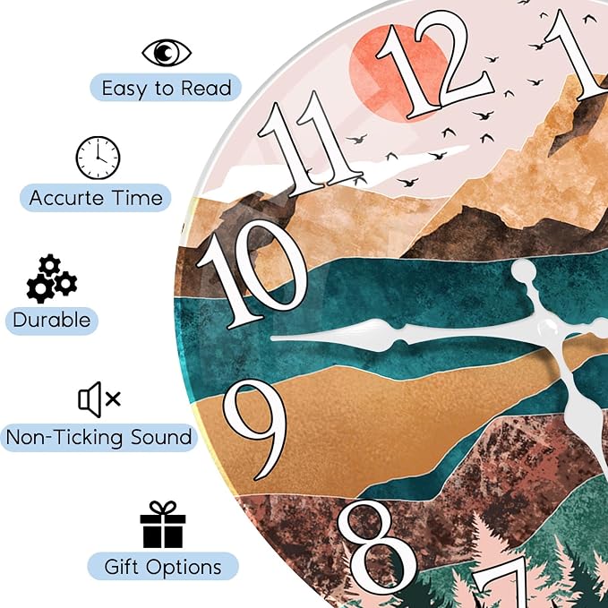 Britimes Round Wall Clock Silent Non-Ticking Battery Operated Outdoor Waterproof Glass Clock 12 Inch, Sunrise Mountain Forest Home Decor for Living Room, Kitchen, Bathroom, Bedroom, and Office