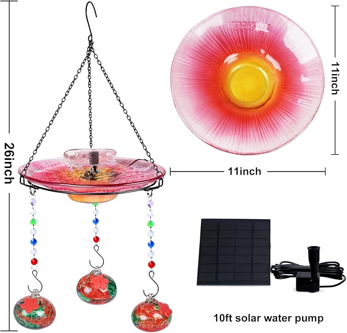 Headak Life Hummingbird Feeder Glass with Hanging Bird Bath for Outside Combo Set,12 Fluid Ounces,Solar Hummingbird Bath with Fountain (11inch),Backyard, Patio Garden Yard Decoration (Red)