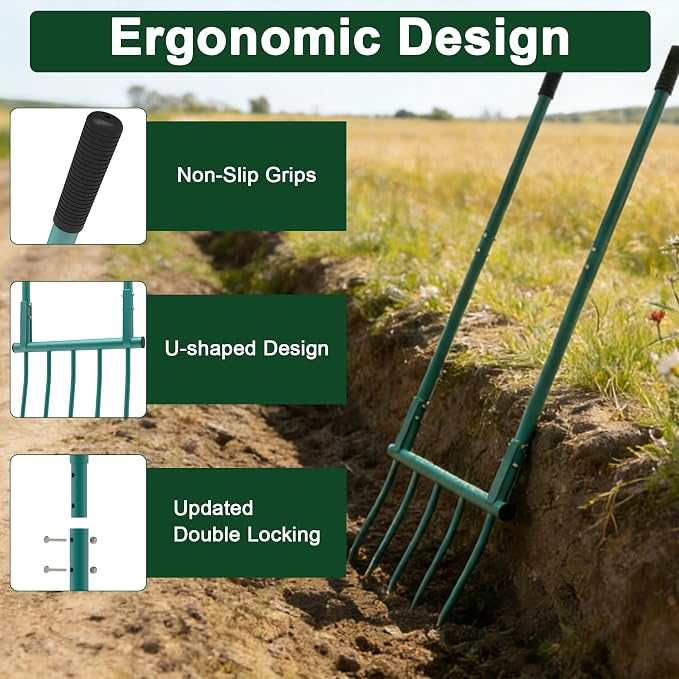 Broad Fork Garden Tool - 5 Tines Heavy Duty Broadfork for Digging, Cultivating & Loosening Soil, Ergonomic U-Shaped Design Hand Tiller for Gardening & Farming