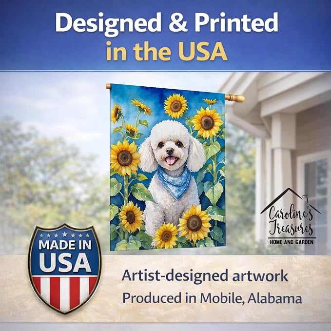 Caroline's Treasures DAC6141CHF White Poodle in Sunflowers House Flag Large Porch Sleeve Pole Decorative Outside Yard Banner Artwork Wall Hanging, Polyester, House Size, Multicolor