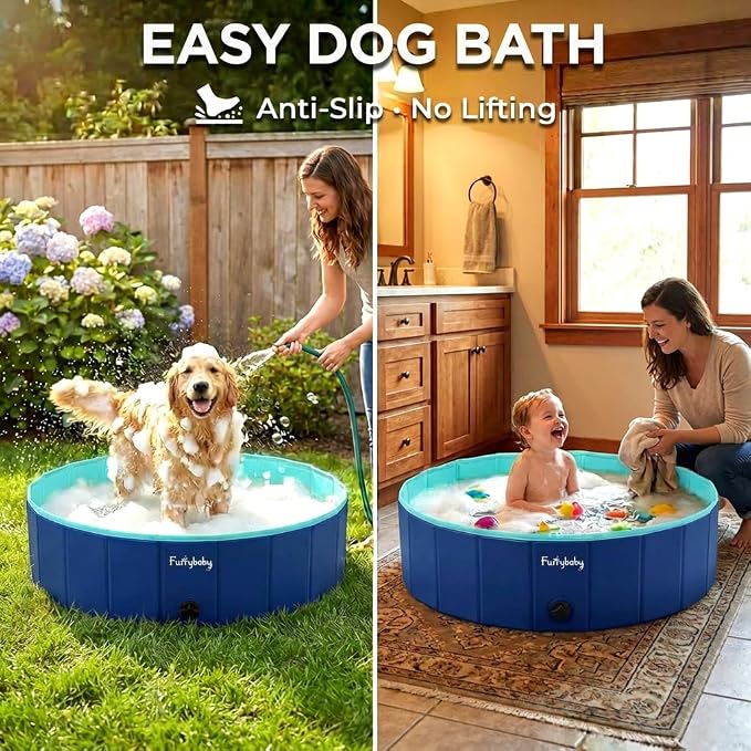 Furrybaby Foldable Dog Pool Non-Slip Hard Bath Tub Indoor Outdoor Pets Kids | Collapsible rigid dog pool with non-slip PVC, durable hard plastic tub, portable indoor & outdoor use for pets and kids, navy