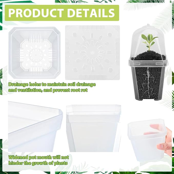 Hyuetrsa 30 Sets Plant Nursery Pots with Humidity Domes, 3" Plastic Gardening Pot with 30 Pcs Labels, Clear Seed Starting Pot Planter Containers with Drain Holes for Seedlings Vegetables Succulents