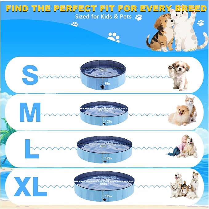 Eooqi Foldable Dog Pool, Collapsible Pet Bath Tub & Kiddie Wading Pool | Portable Hard-Side Dog Swimming Pool for Puppies, Small & Medium Dogs, Cats and Kids (Blue, 32"-S)
