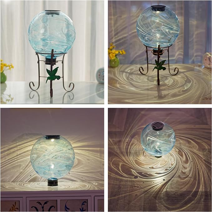 10 Inch Solar Glass Gazing Ball with 9.4" H Metal Stand | Solar Gazing Globe Lights Display Holder Set for Outdoor Garden Lawn Yard Decoration, Blue Water Ripple