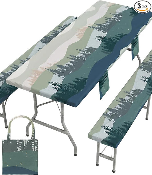 Picnic Table Cover with Bench Covers Waterproof Elastic Rectangle Tablecloth Camping Essentials Supplies Rv Car Travel Must Haves Gear Accessories Fitted Table Cloth Outdoor Road Trip Camper Gifts 6ft
