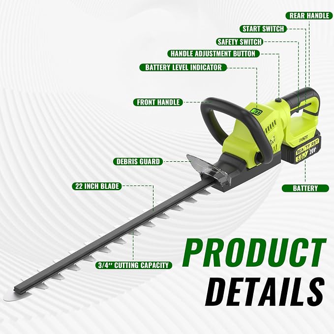 22-Inch Hedge Trimmer Cordless with 2x5.0Ah Battery & Charger, 20V Handheld Electric Tree Grass Trimmer with Rotatable Handle & Dual-Action Blade, Bush Shear Grass Cutter for Shrub Trimming, Garden