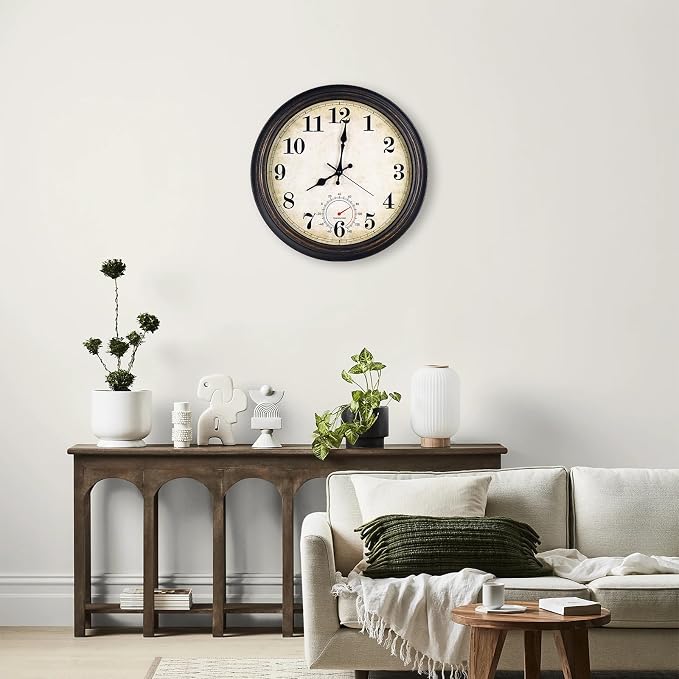 Outdoor Clock Waterproof with Thermometer Wall Clock for Patio Pool Bathroom Kitchen 16 Inch Bronze