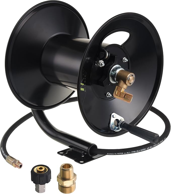 M MINGLE High Pressure Washer Hose Reel 150ft x 3/8" / 300ft x 1/4" | Heavy Duty Steel Hose Reel, Manual Crank Power Washer Hose Reel with Swivel Arm and Mounting Bracket, 4000 PSI