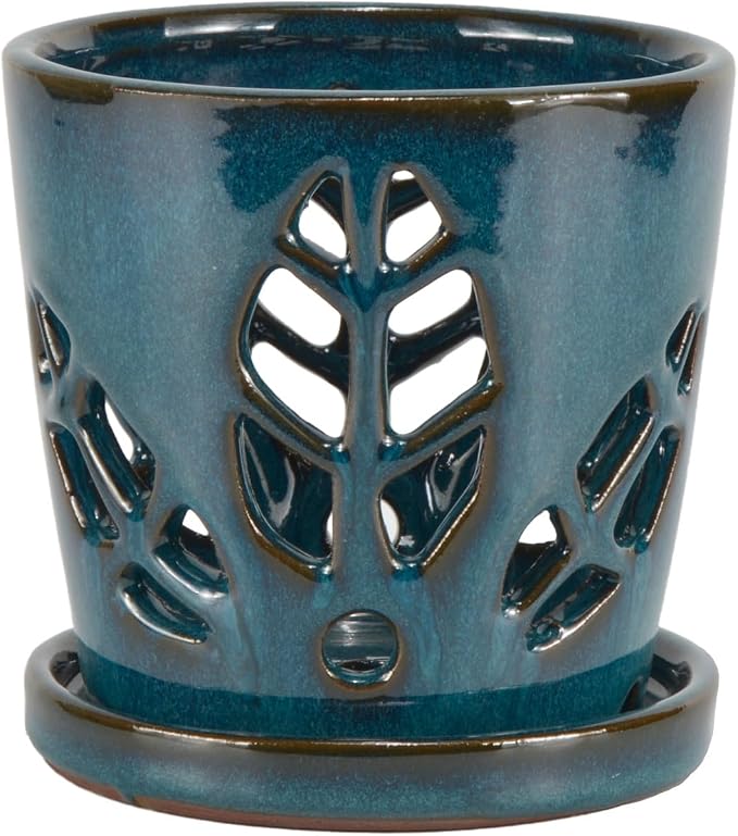 W&W Orchid Pot with Holes and Saucer for Repotting, Teal, 5.5 Inch