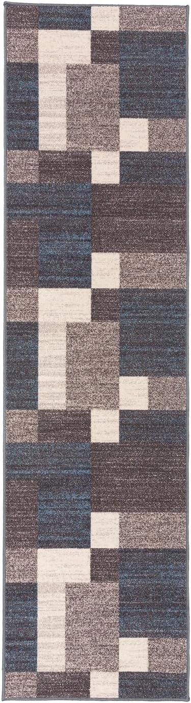 Rugshop Geometric Boxes Non-Slip Contemporary Area Rug Blue 2" x 7" | Non-Shedding, Rectangular, Size 2" x 7", Living Room, Bedroom, Dining Room, Home Office, Kitchen, Entryway, Hallway, Nursery