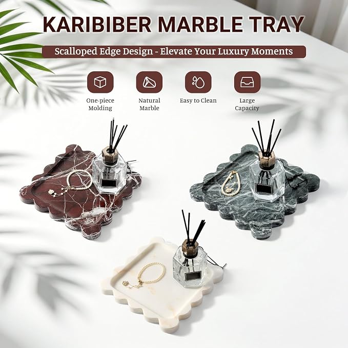 Karibiber Natural Marble Tray, 8in Red Small Scalloped Tray, Decorative Trinket Dish, Premium Square Bathroom Vanity Tray for Earrings Rings Necklaces, Unique Stone Jewelry Dish Gift