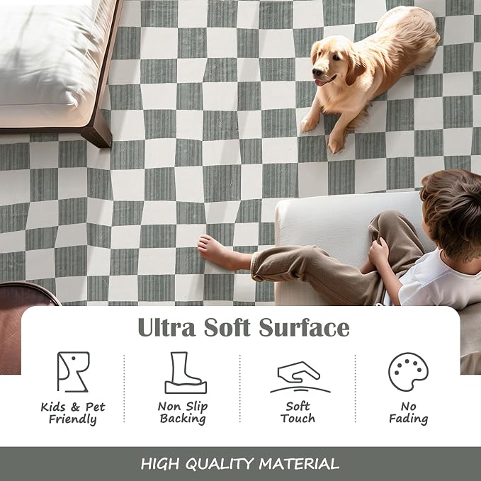 jinchan 2x6 Runner Rug Modern Checkered Geometric Lattice Hallway Rug, Grey | Soft, Non-Slip, Floor Carpet, Kid-Friendly, Kitchen, Nursery, Bedroom, Laundry Room, Entryway, Bathroom, Kids Room