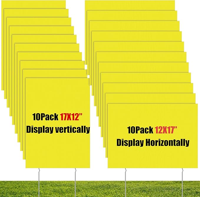 Wesiti 20 Pack Blank Yard Signs with Stakes Plastic Yard Lawn Sign Double Sided Corrugated Plastic Garage Sale Signs with Stakes for Rent Sign for Party Lawn Yard (Yellow, 17 x 12 Inch)