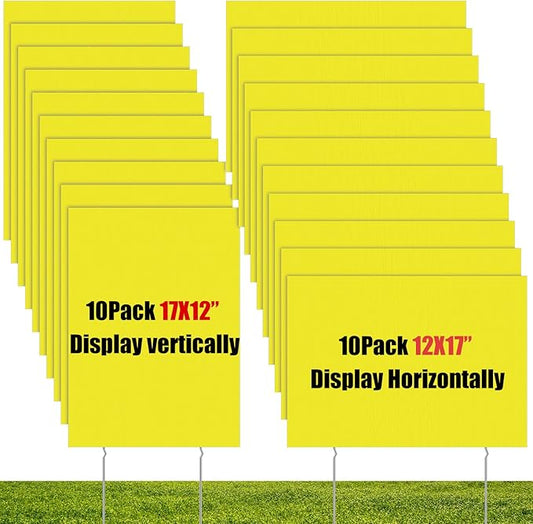 Wesiti 20 Pack Blank Yard Signs with Stakes Plastic Yard Lawn Sign Double Sided Corrugated Plastic Garage Sale Signs with Stakes for Rent Sign for Party Lawn Yard (Yellow, 17 x 12 Inch)