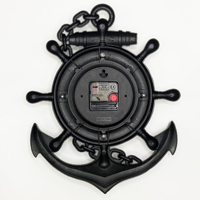 Anchor Outdoor Clock - Nautical Ship Wheel Rudder Wall Clock - Beach Sea Style Decorative Clock for Patio, Pool, Porch (Silver + Dark Red)