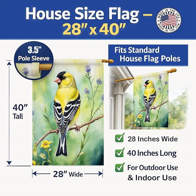 Caroline's Treasures American Goldfinch House Flag Large Porch Sleeve Pole Decorative Outside Yard Banner Artwork Wall Hanging, Polyester, House Size, Multicolor