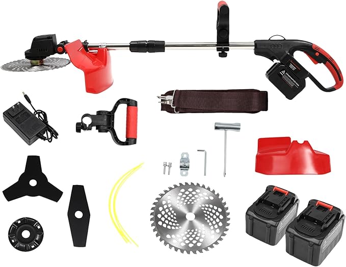 1800W 21V Battery Powered Cordless Weeder, Lawn Trimmer with 2 Lithium Ion Batteries, 1 Charger and Cutting Blades, for Lawn, Yard, Garden, Bush Trimming and Pruning