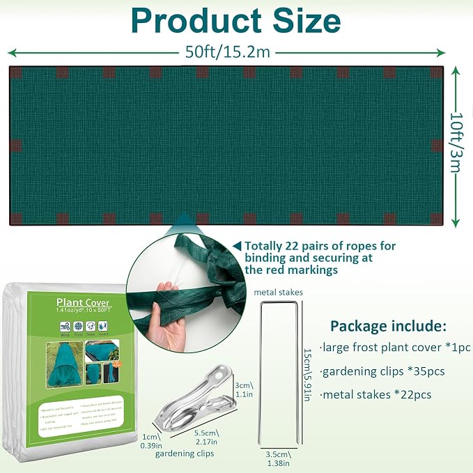 kockuu Plant Sun Protection Cloth, 10ft x 50ft 1.41 oz/yd² Garden Plant Shade Cloth with 35 Stainless Steel Clips from Direct Sunlight, Plant Covers Frost & Sun Protection for Winter and Summer