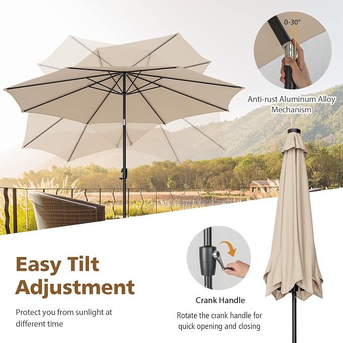 HAPPYGRILL 10 FT Solar Patio Umbrella with 112 LED Light, Outdoor Umbrella with Tilt Adjustment, Crank System, 8 Metal Ribs & Vented Top, Deck Table Market Umbrella for Garden Pool Deck Yard
