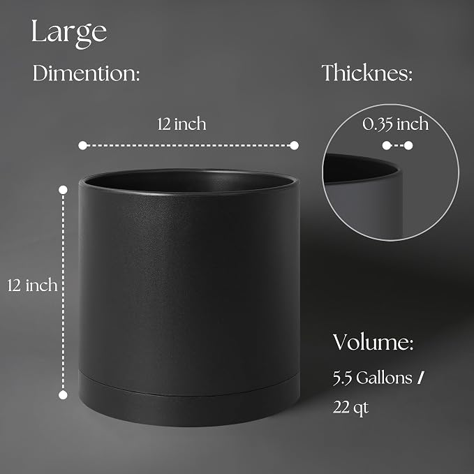 Giraffe Creation 12 Inch Cylinder Plant Pot, Modern Round Planter with Drainage Holes and Saucer, Lightweight Plastic Flower Pot for Indoor Outdoor Plants, Black