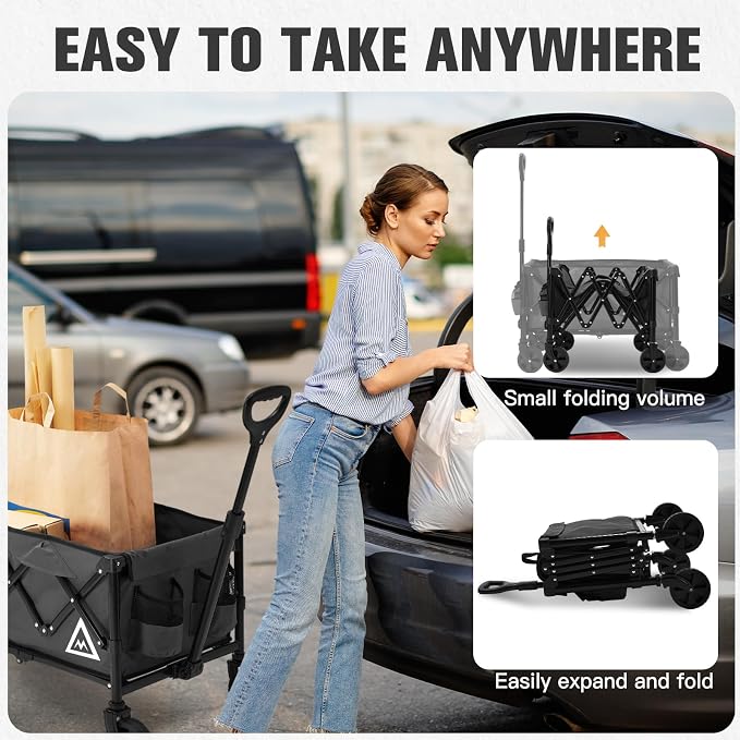 Wagon Cart Shopping Cart Large Capacity Collapsible Wagon with Wheels On Beach Garden Outdoor Utility Carts for Grocery All Terrain Portable Wagons Carts for Groceries Sand Camping Sports Black