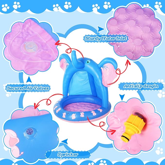 47 Inches Baby Pool with Canopy Elephant Inflatable Baby Swimming Pool with Soft Floor Bottom and Built in Sunshade Water Sprinkler for Kids Outdoor Indoor Game Play Center