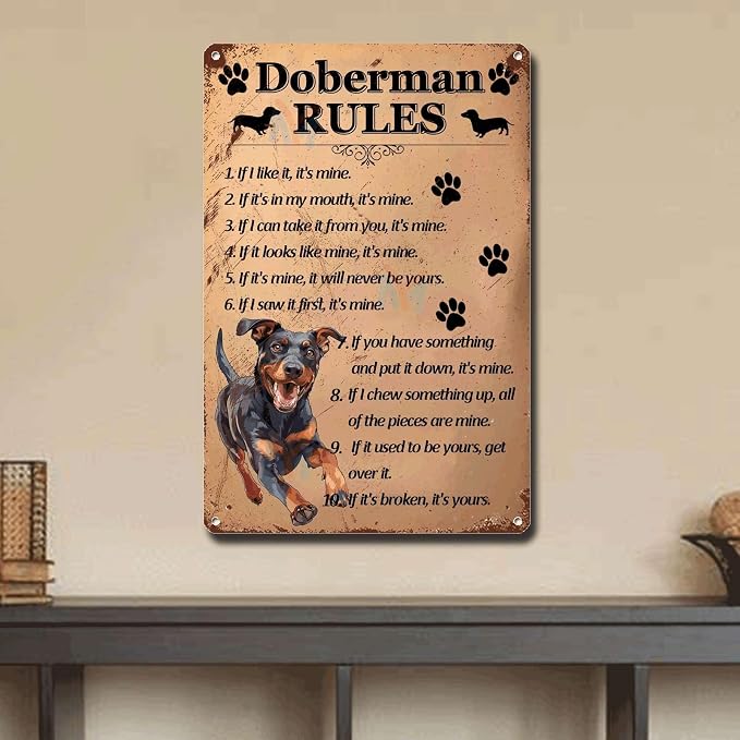 Metal Sign Tin Sign Vintage Wall Art Doberman Rules Toilet Decor Tin Sign for Pub 6×8 Inches
