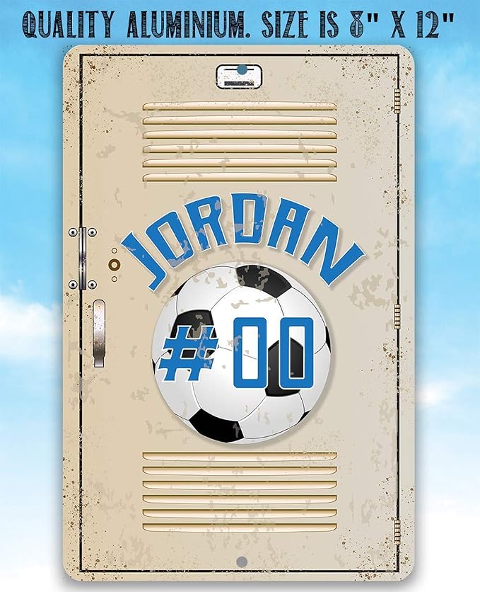 Personalized Soccer School Locker - Great Boy's Room Metal Tin Sign, High School Gym Teens Accessories, School Sports Customized Gift Idea, 8x12 or 12x18 Indoor or Outdoor Durable Metal Sign