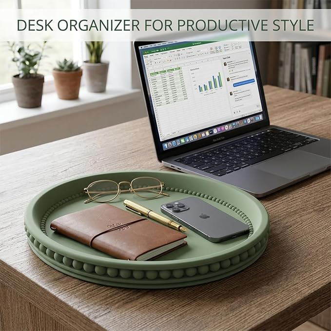 11" Round Concrete Decorative Centerpiece Tray for Coffee Table Sage Green | Modern minimalist centerpiece tray for coffee table, living room, dining & office storage display, sturdy tabletop home decor