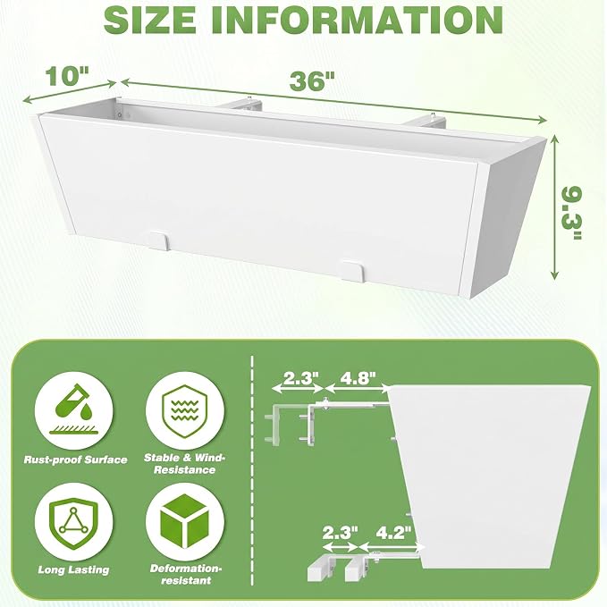 Railing Planter for Outdoor Plants 36'' Metal Hanging Flower Pot with Adjustable Brackets & Drainage Railing Planter Box Countryside Flower Plant Holder for Garden Yard Patio Balcony Deck Decor White