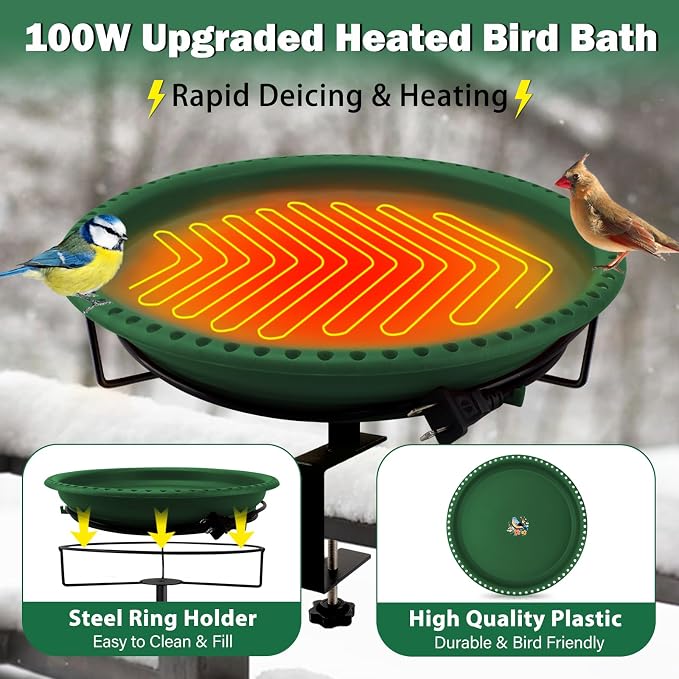 Daoeny Heated Bird Bath for Deck Railing, Upgraded 100W Heated Bird Baths for Outdoors Thermostat Control, Heated Bird Bath for Outside Winter Garden Yard Patio Decor (Green)