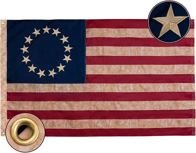Bradford Embroidered Tea Stained Betsy Ross Flag 3x5 ft Outdoor Heavy Duty Vintage 13 Star American Flags for 250th Anniversary Colonial Flag Outdoor