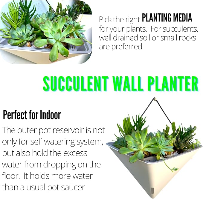 LaLaGreen Wall Planters for Indoor Plants - 2 Pack, 12 Inch Large Self Watering White Geometric Hanging Flower Vase Vessel with Metal Hanger, Modern Stylish Wall Mounted Succulent Pot Holder Decor