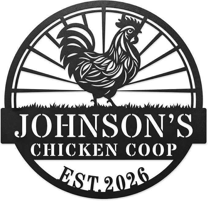 Personalized Chicken Coop Metal Sign Custom Farmhouse Name Plaque with Rooster Sunburst, Outdoor Hen House Wall Decor for Backyard Farmers and Chicken Lovers