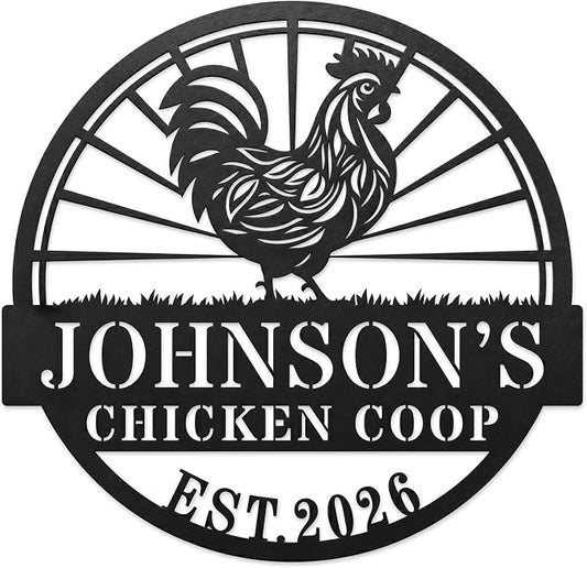 Personalized Chicken Coop Metal Sign Custom Farmhouse Name Plaque with Rooster Sunburst, Outdoor Hen House Wall Decor for Backyard Farmers and Chicken Lovers