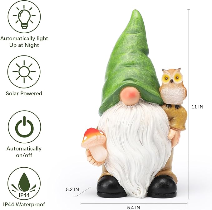 Garden Gnome Outdoor Decoration Solar Gnomes Statue with Owl LED Lights,Terrace Courtyard Lawn Patio Porch Fall Decoration Halloween Christmas Housewarming Gift for Mom Woman