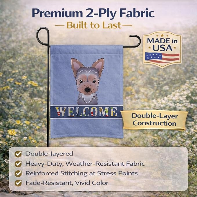 Caroline's Treasures BB1418GF Yorkie Puppy Welcome Garden Flag, Blue Mailbox Flag Decorative Yard Flag Banner Outside Patio Artwork Yard Flower Beds, Garden Size, Multicolor