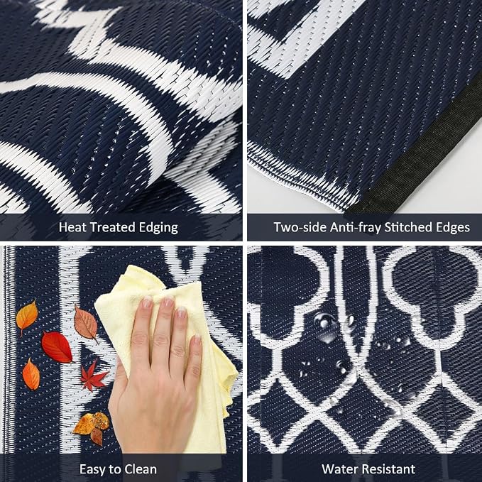 Pendolr Outdoor Rugs 9x12 for Patios Clearance - Waterproof Reversible Indoor Outdoor Rugs Carpet, Portable Plastic Straw Rug for RV Camping, Picnic, Beach, Porch, Deck(01#,Navy&White)