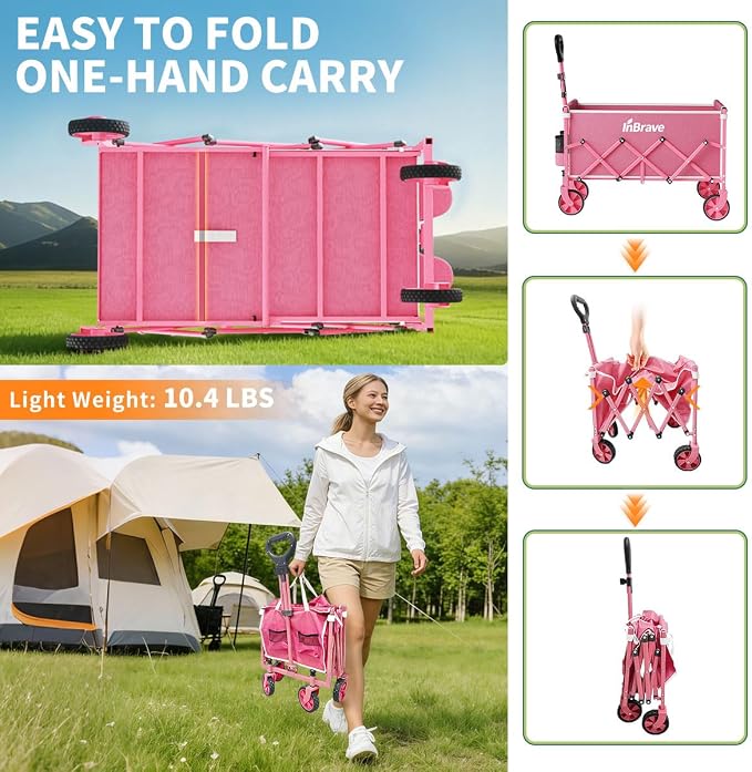 Collapsible Wagon Cart Foldable Beach Wagon with All-Terrain Wheels - 380 LBS Heavy Duty Grocery Cart for Shopping, Beach, Camping, Sports, Garden (Pink)