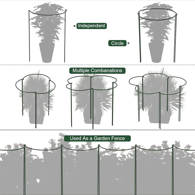 FEED GARDEN Peony Cages and Supports, 6 Pack Plant Support Stakes for Outdoor & Indoor Plants, 10" W x 16" H Half Round Garden Plant Support Rings for Peonies, Hydrangeas, Roses, Dahlias