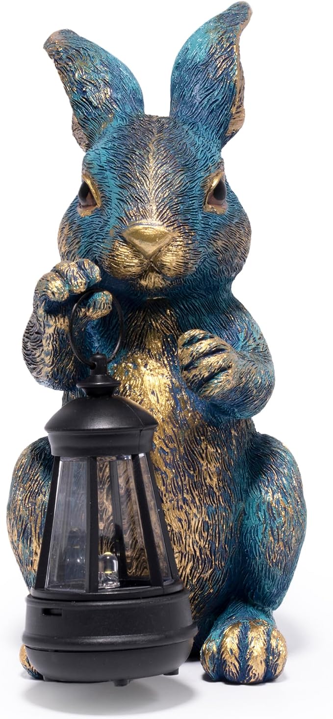 basen Outdoor Bunny Statue with LED Lantern, Battery Powered Resin Rabbit Garden Decor, Weather Resistant Lawn Yard Patio Ornament for Outdoor Indoor Spring Easter Home Decoration