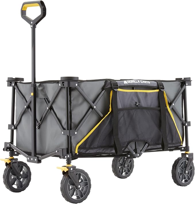 Gorilla Carts Collapsible Folding Outdoor Utility Wagon, 7 Cu Ft Oversized Bed, 150 lb Load Rating, Gray – Foldable Rolling Cart w/ Pockets & Cup Holders for Beach, Camping, Sports or Picnic